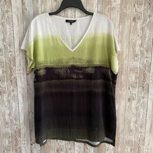 The Lafayette 148 New York Green White Linen Blend V Neck Top Blouse Medium